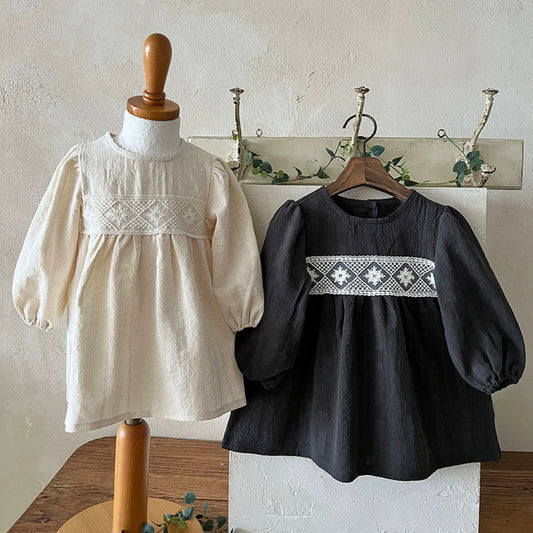 Embroidered Cotton Linen Dress – Black or Cream