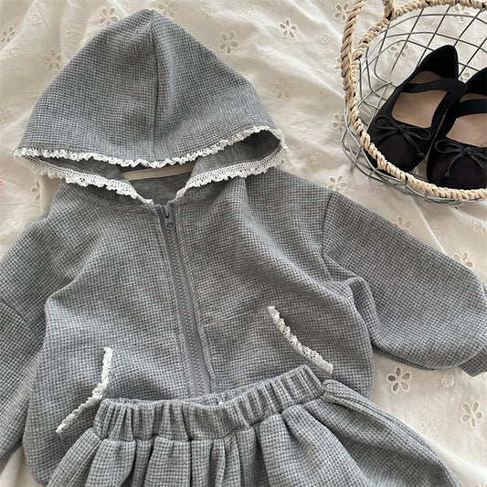Toddler Girl Gray Waffle Knit Hoodie and Skirt Set