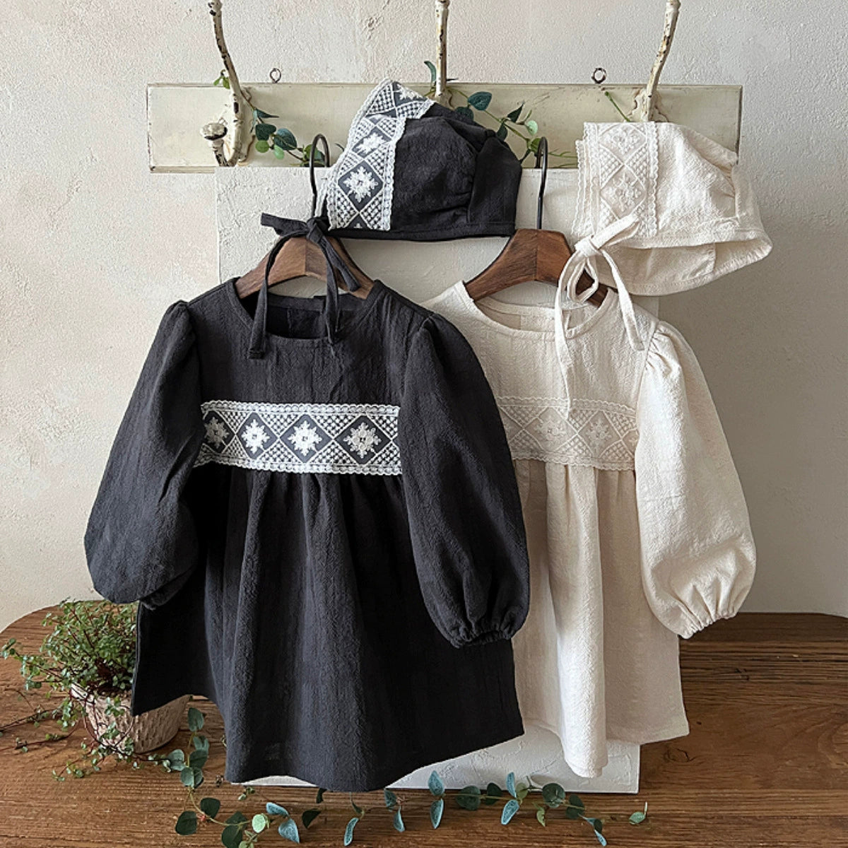 Embroidered Cotton Linen Dress – Black or Cream