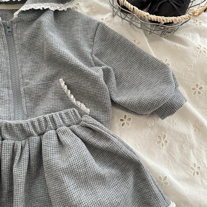 Toddler Girl Gray Waffle Knit Hoodie and Skirt Set