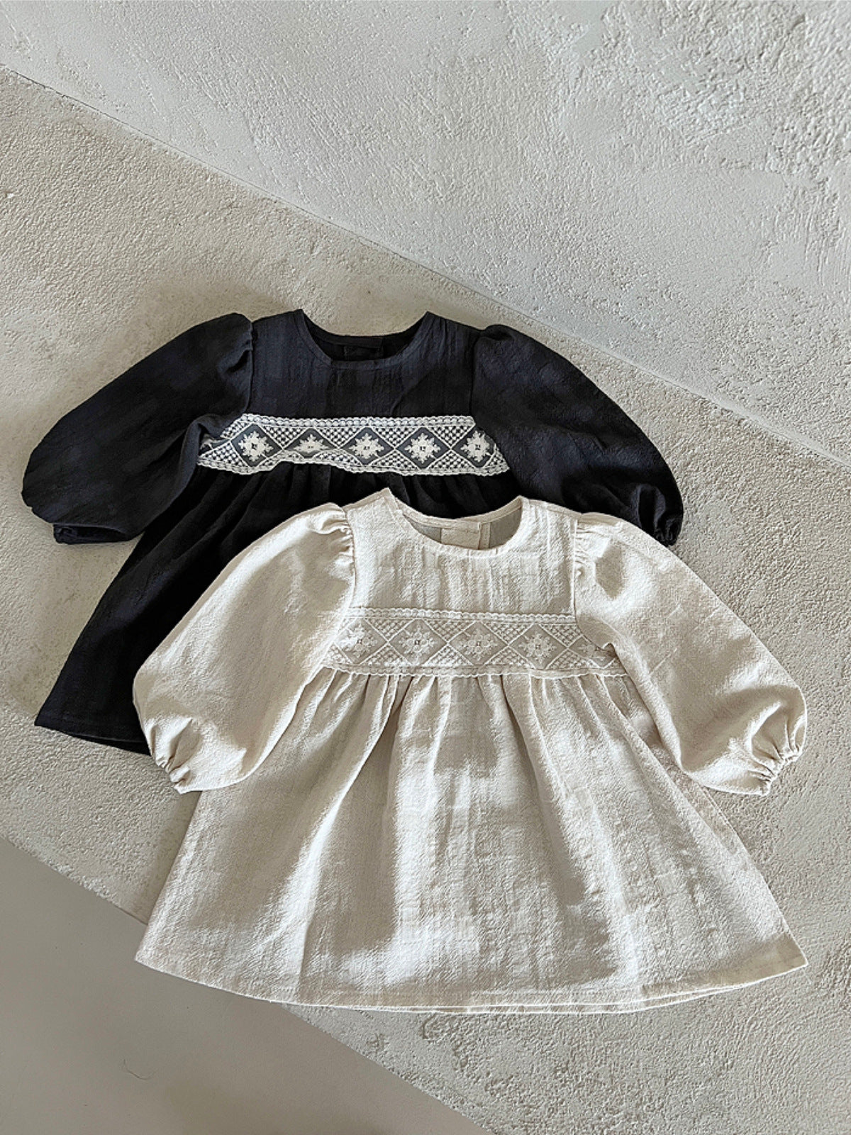 Embroidered Cotton Linen Dress – Black or Cream