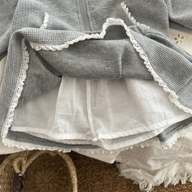Toddler Girl Gray Waffle Knit Hoodie and Skirt Set