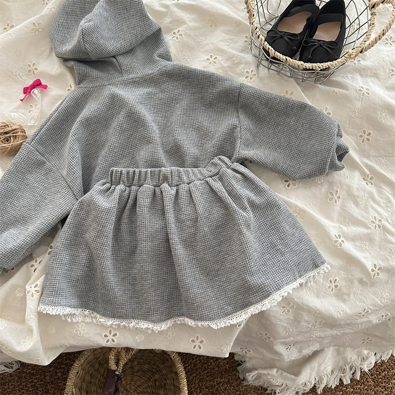 Toddler Girl Gray Waffle Knit Hoodie and Skirt Set