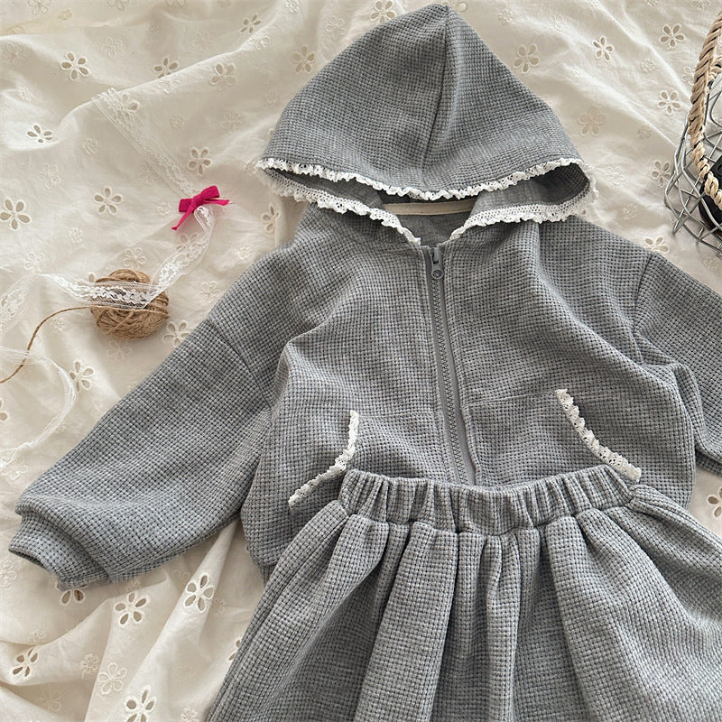Toddler Girl Gray Waffle Knit Hoodie and Skirt Set