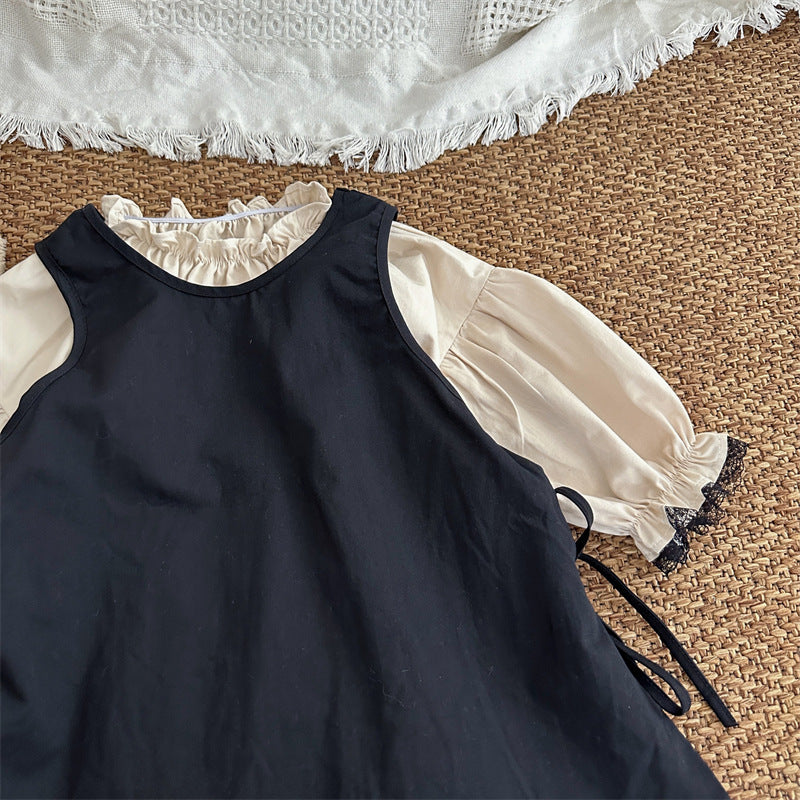 Vintage-Inspired Two-Piece Toddler Girl Outfit – Cream Puff Sleeve Blouse & Black Apron Dress