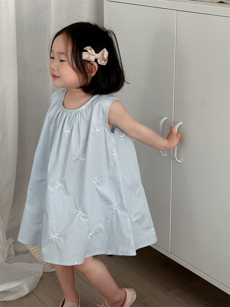 Light Blue Embroidered Bow Dress