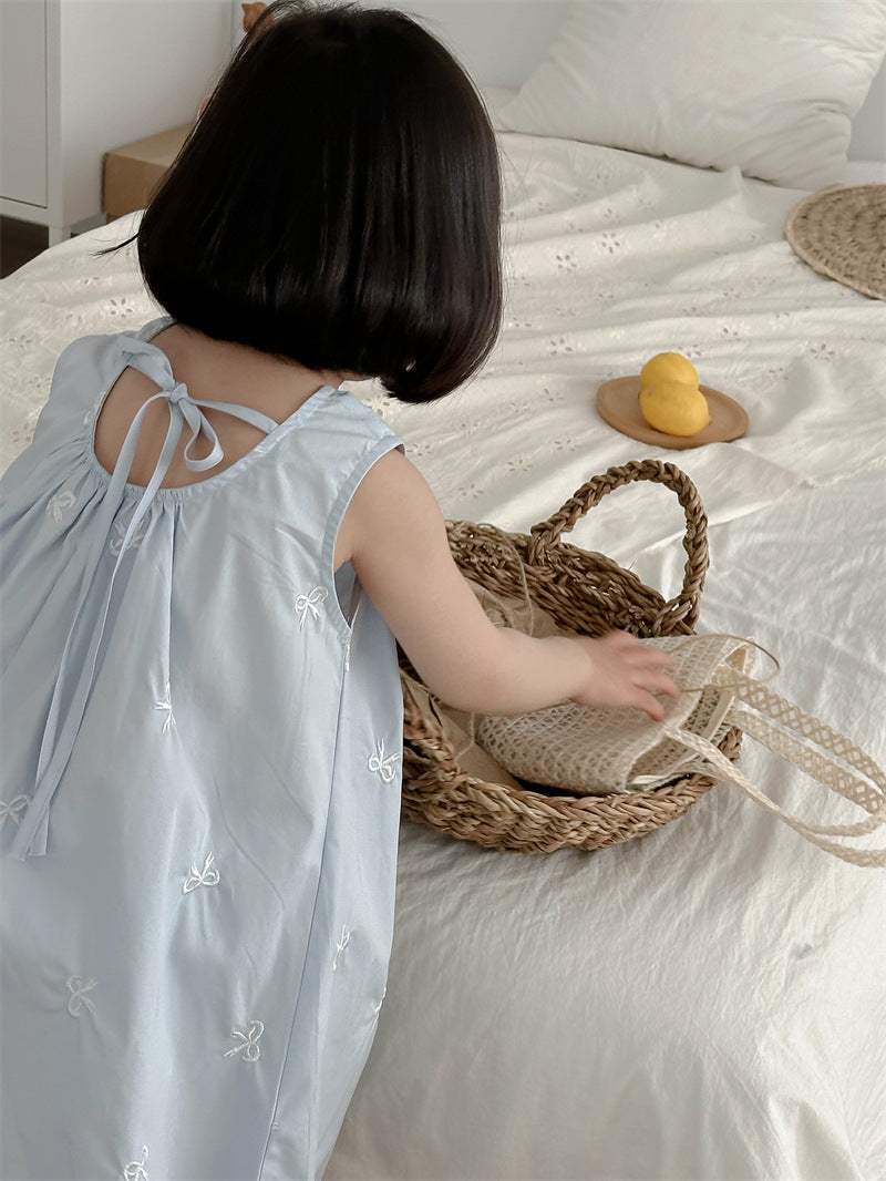 Light Blue Embroidered Bow Dress