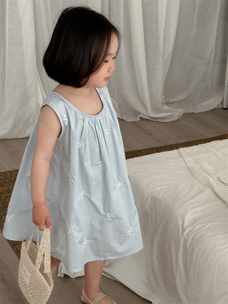 Light Blue Embroidered Bow Dress