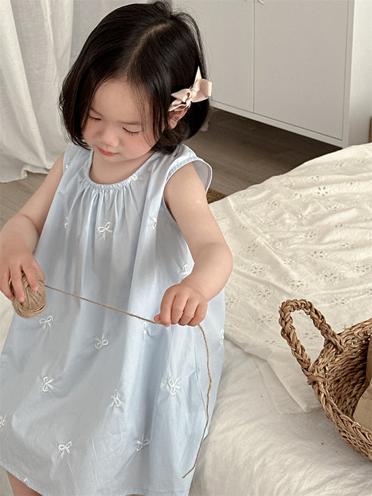 Light Blue Embroidered Bow Dress