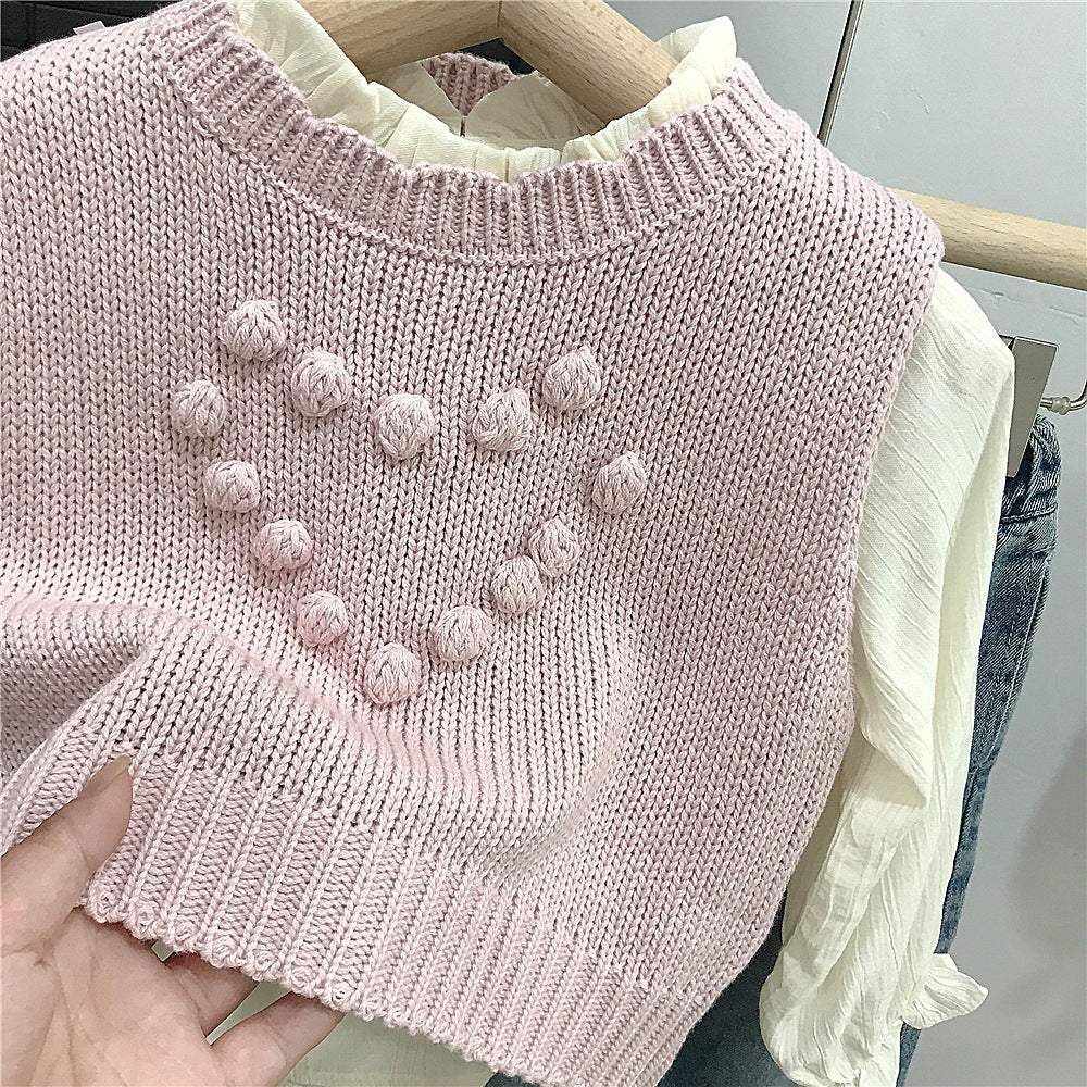 3-Piece Sweetheart Knit Vest Set – Pink Layered Blouse & Denim Outfit