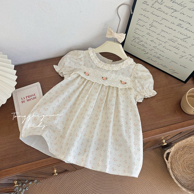 Floral Lace Collar Puff Sleeve Dress