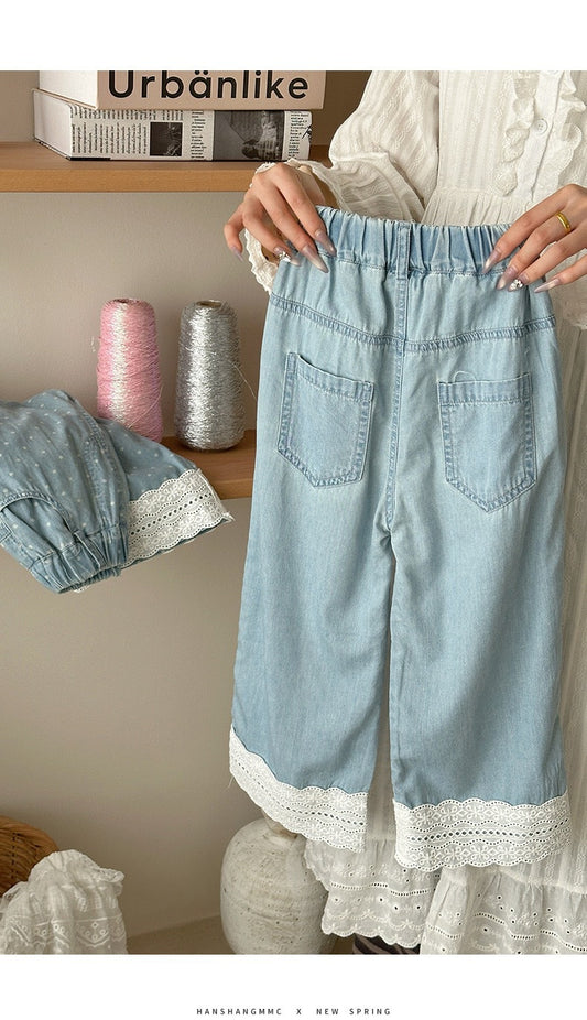 Lace Hem Wide-Leg Denim Pants