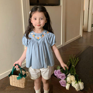 Sunpetal Embroidered Blouse Set – Blue & Cream