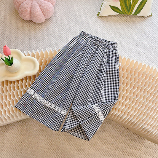 Gingham Wide-Leg Pants with Lace Trim