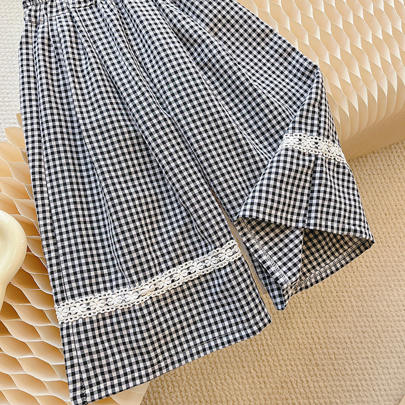 Gingham Wide-Leg Pants with Lace Trim