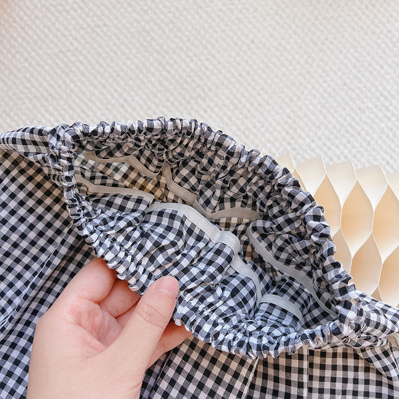 Gingham Wide-Leg Pants with Lace Trim