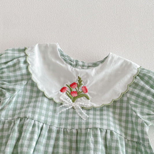 Mint Gingham Floral Collar Dress – Vintage Garden Style