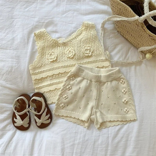 Cream Crochet Knit Top & Shorts Set