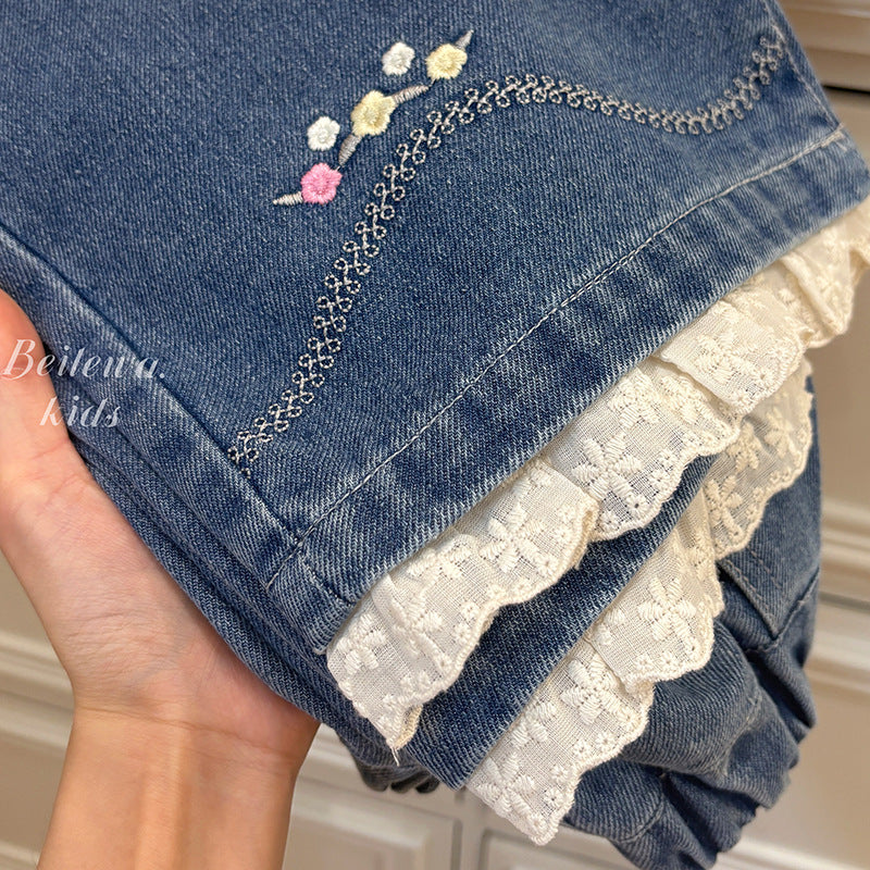 Lace Bloom Denim Pants – Toddler Girls’ Embroidered Jeans with Lace Trim