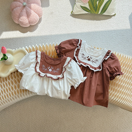 Floral Embroidered Ruffle Blouse – Toddler Girl Top in White & Cocoa Brown