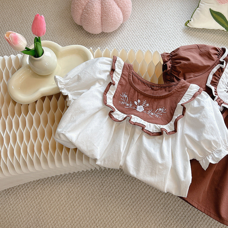 Floral Embroidered Ruffle Blouse – Toddler Girl Top in White & Cocoa Brown