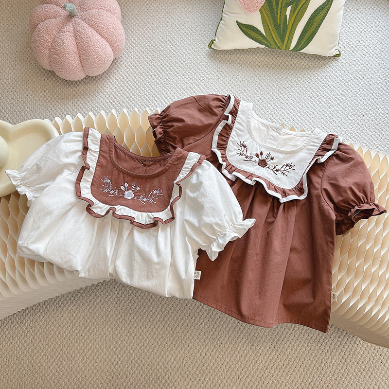 Floral Embroidered Ruffle Blouse – Toddler Girl Top in White & Cocoa Brown