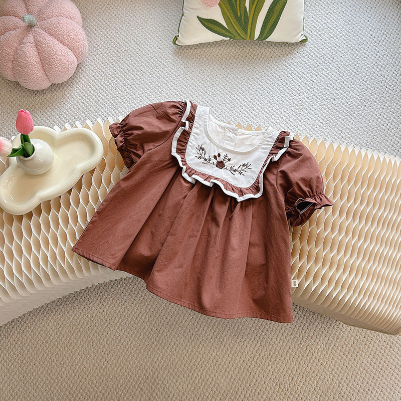 Floral Embroidered Ruffle Blouse – Toddler Girl Top in White & Cocoa Brown