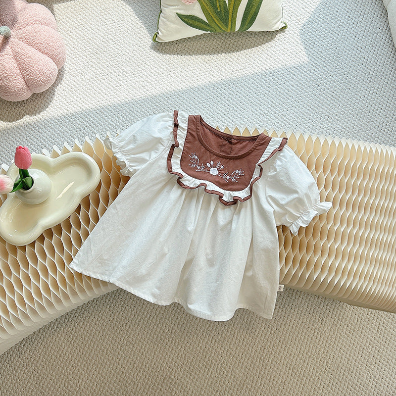 Floral Embroidered Ruffle Blouse – Toddler Girl Top in White & Cocoa Brown
