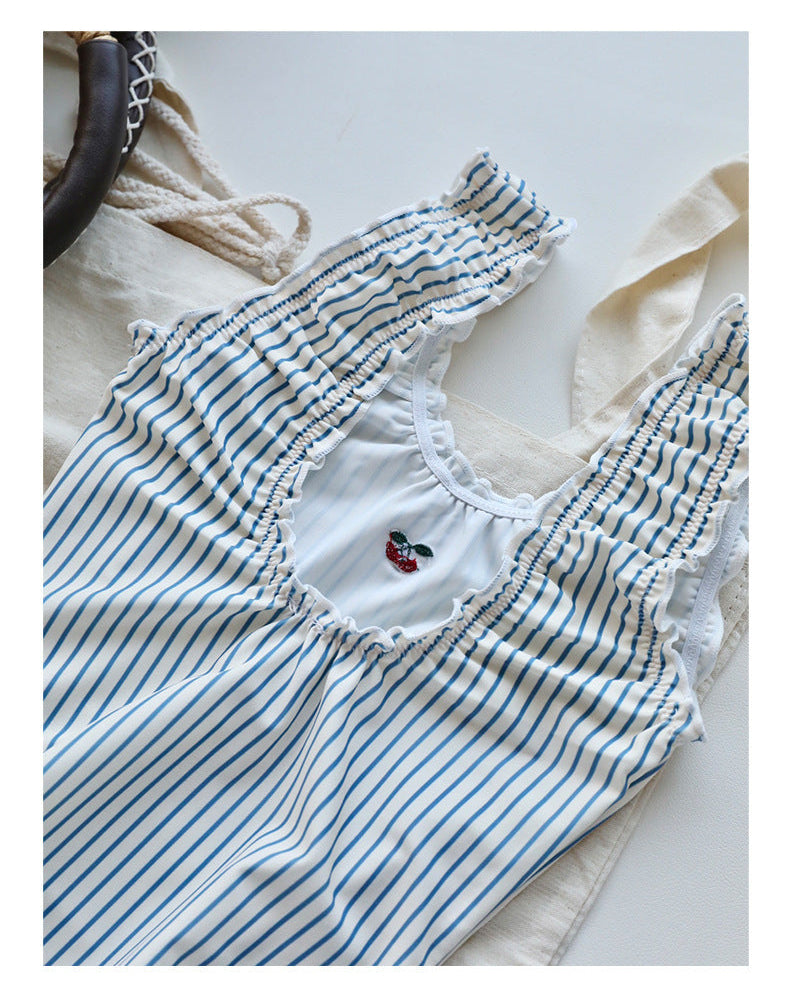 Cherry Stripe Ruffle Swimsuit + Matching Hat Set