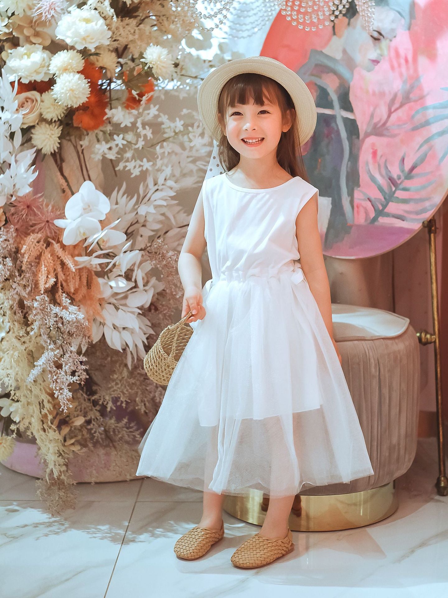 White and pink Tulle Midi Dress for Girls