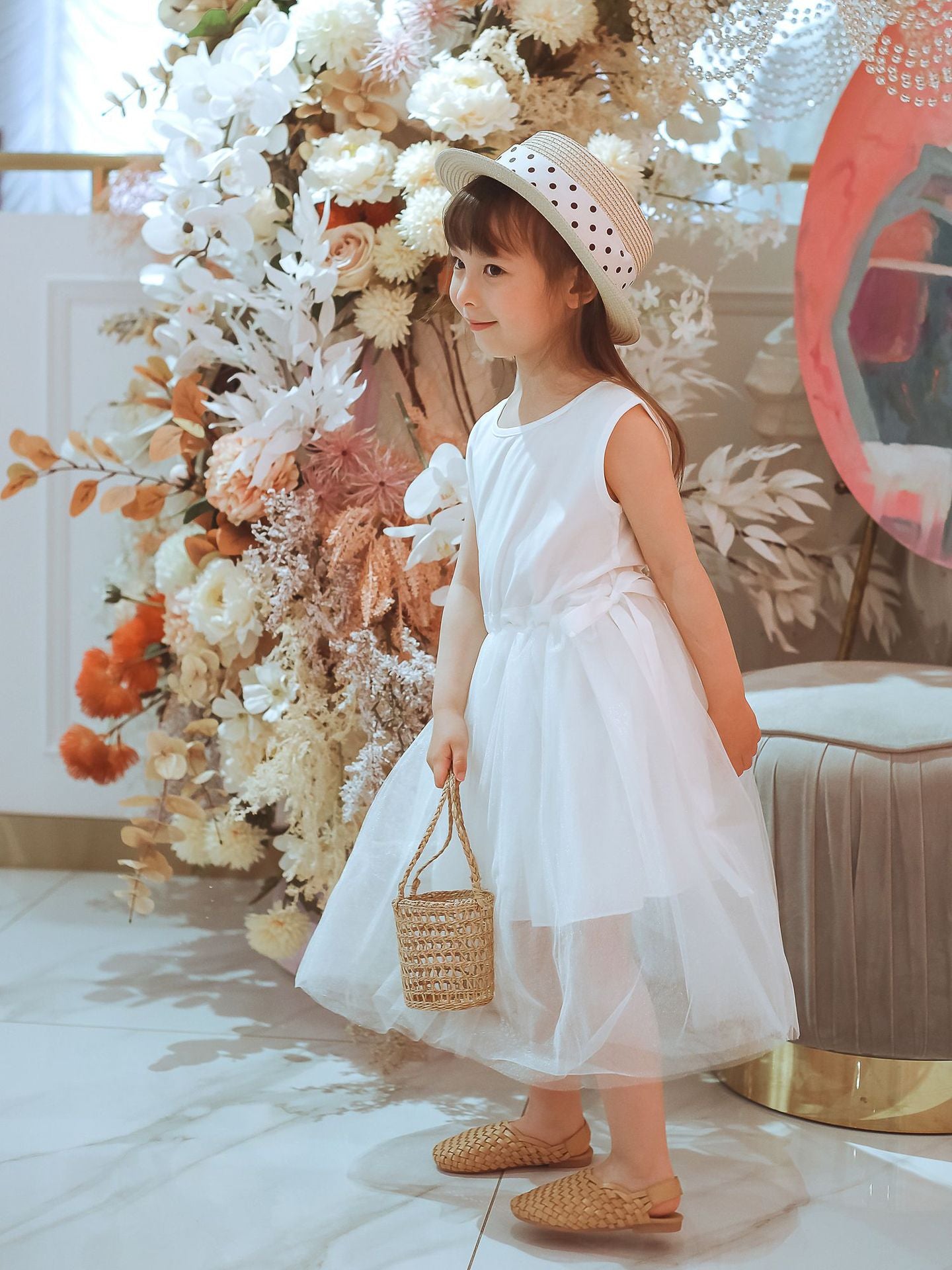 White and pink Tulle Midi Dress for Girls