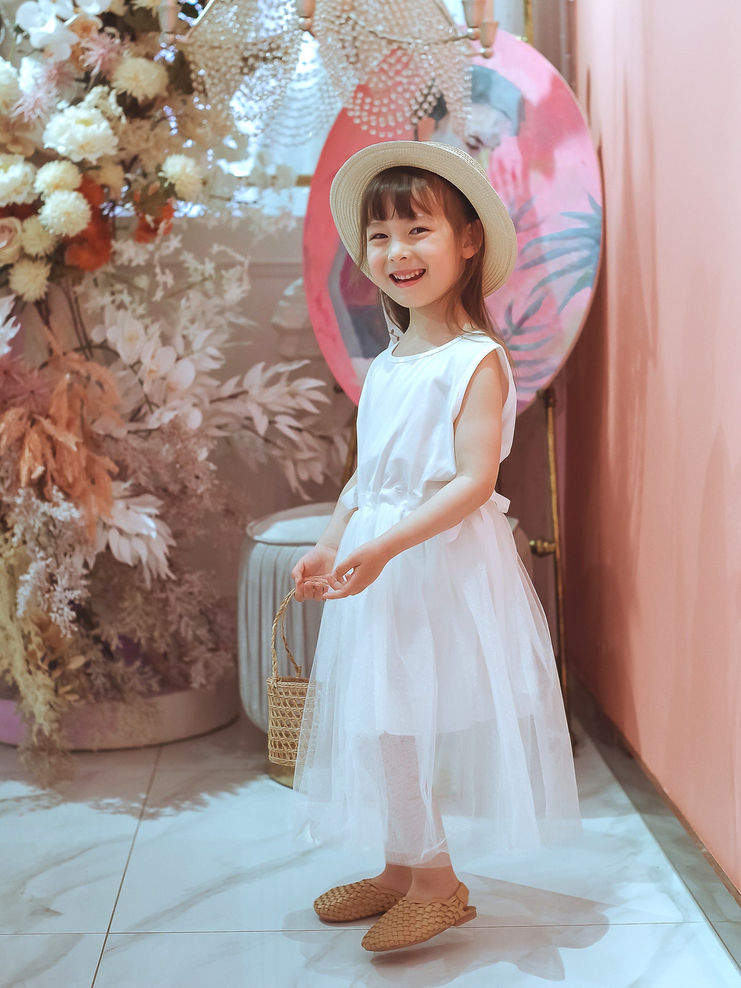 White and pink Tulle Midi Dress for Girls