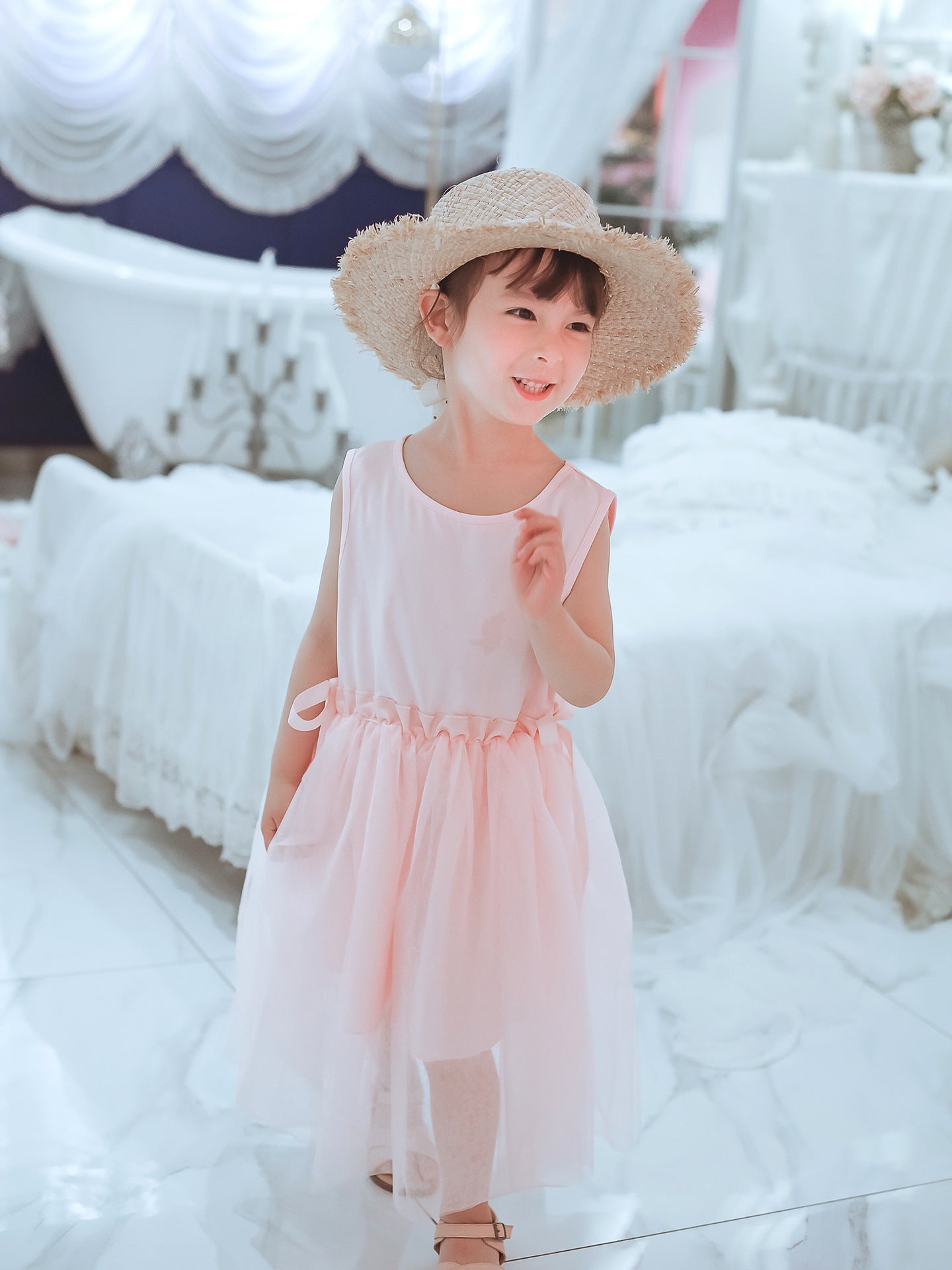 White and pink Tulle Midi Dress for Girls