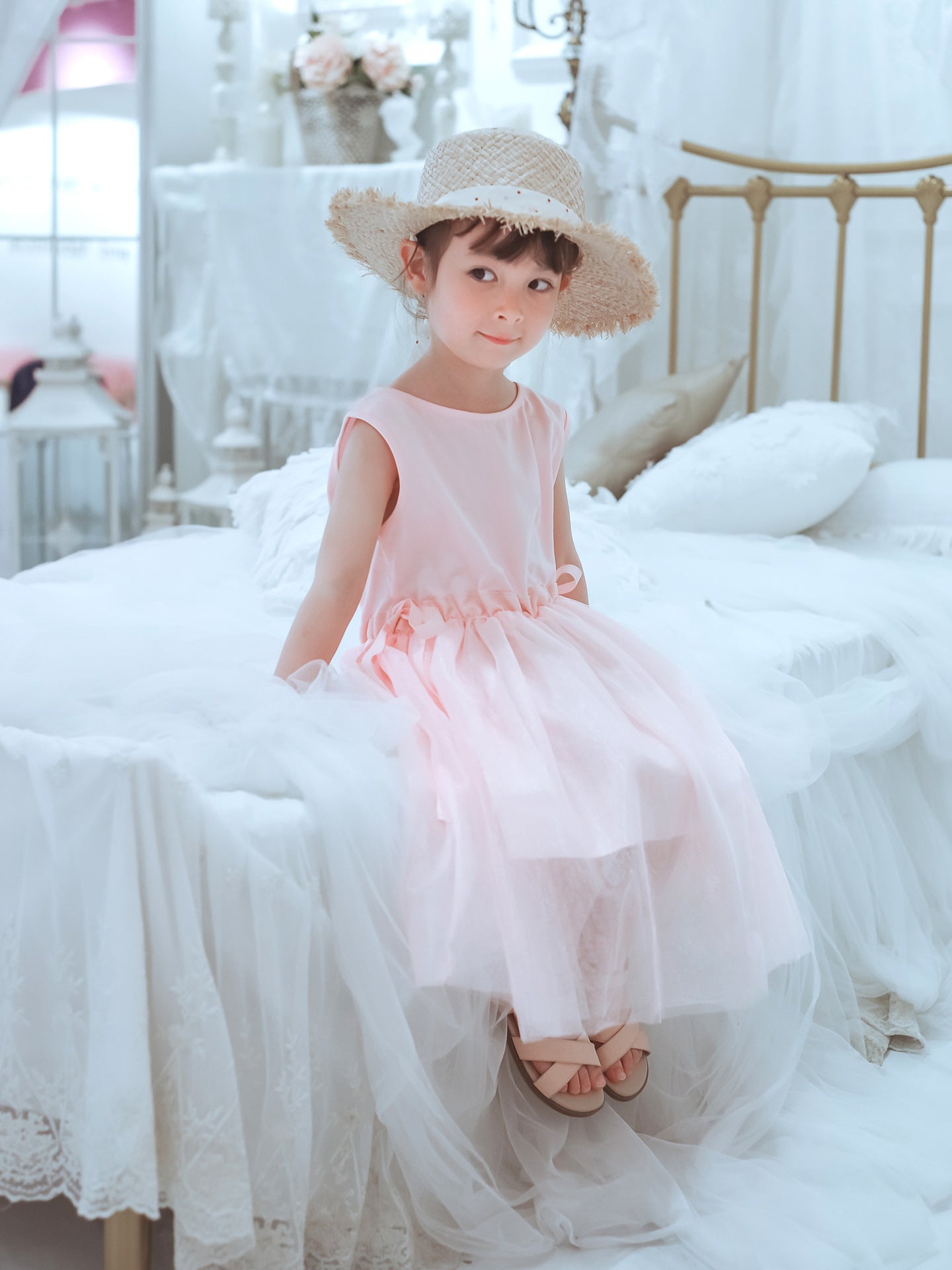 White and pink Tulle Midi Dress for Girls