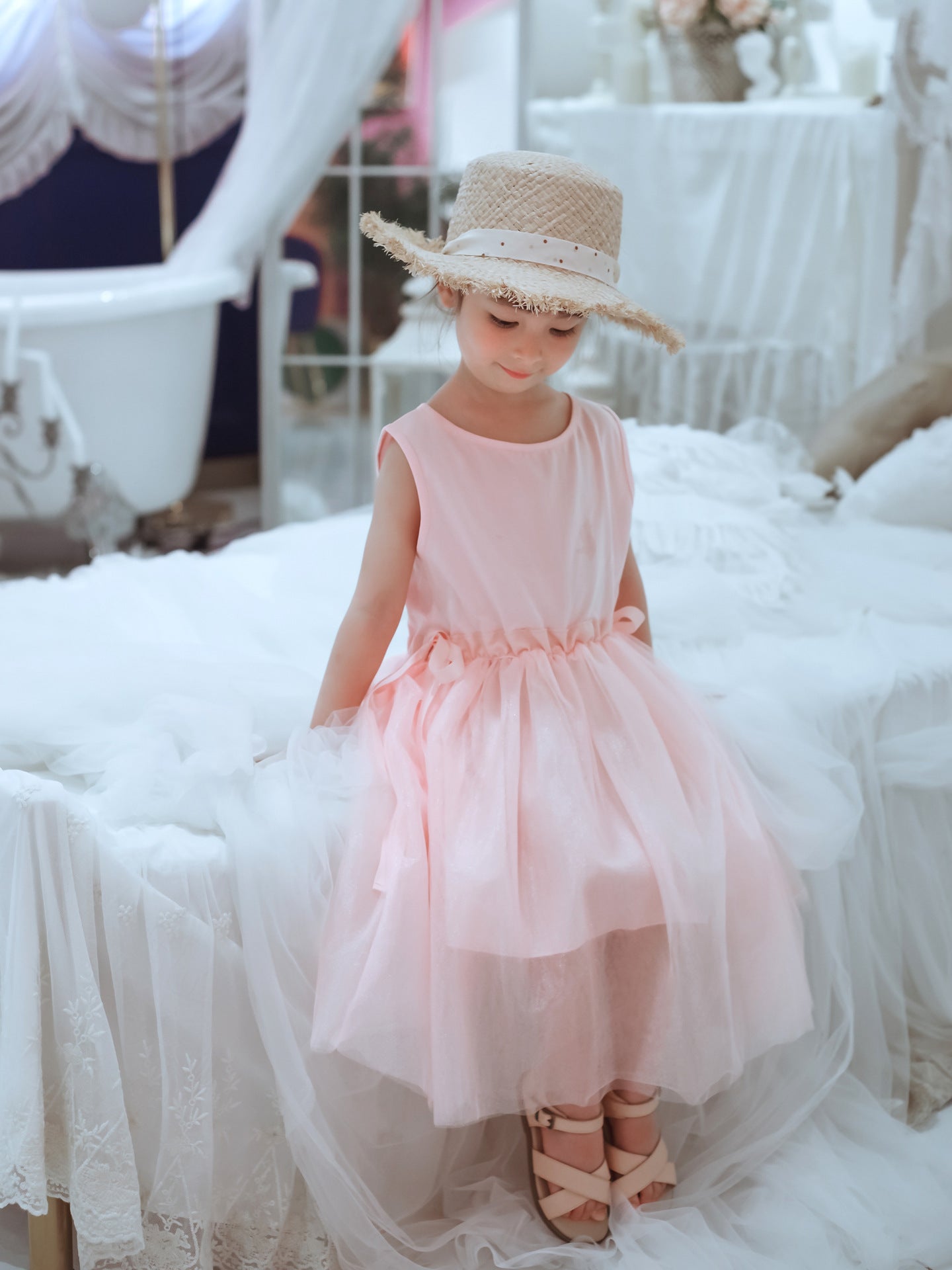 White and pink Tulle Midi Dress for Girls