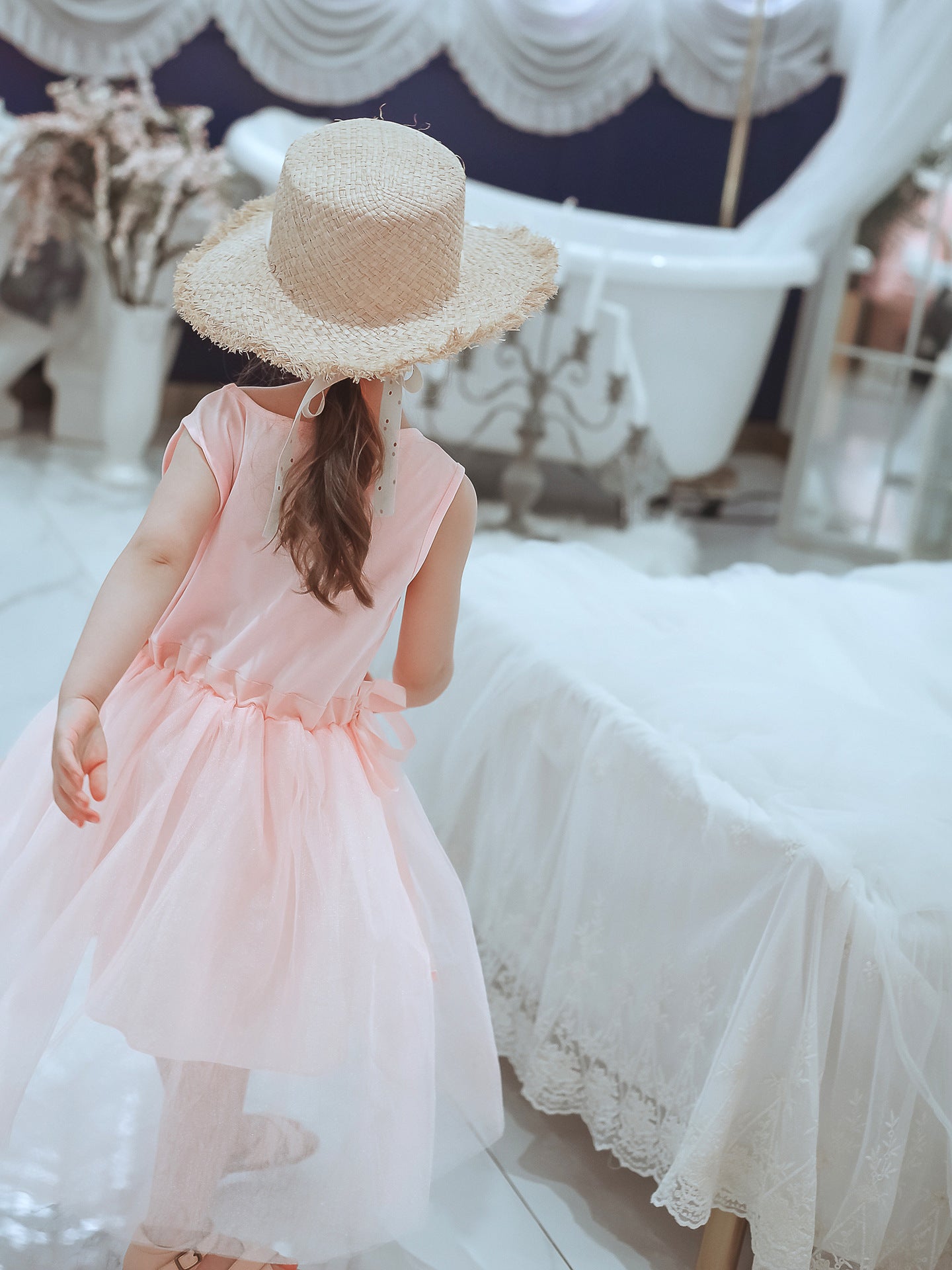 White and pink Tulle Midi Dress for Girls
