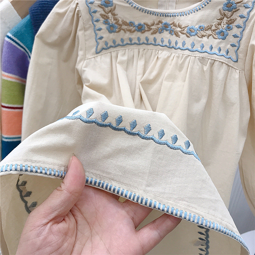 Blue Blossom Embroidered Dress – Cream Long-Sleeve Cotton Dress