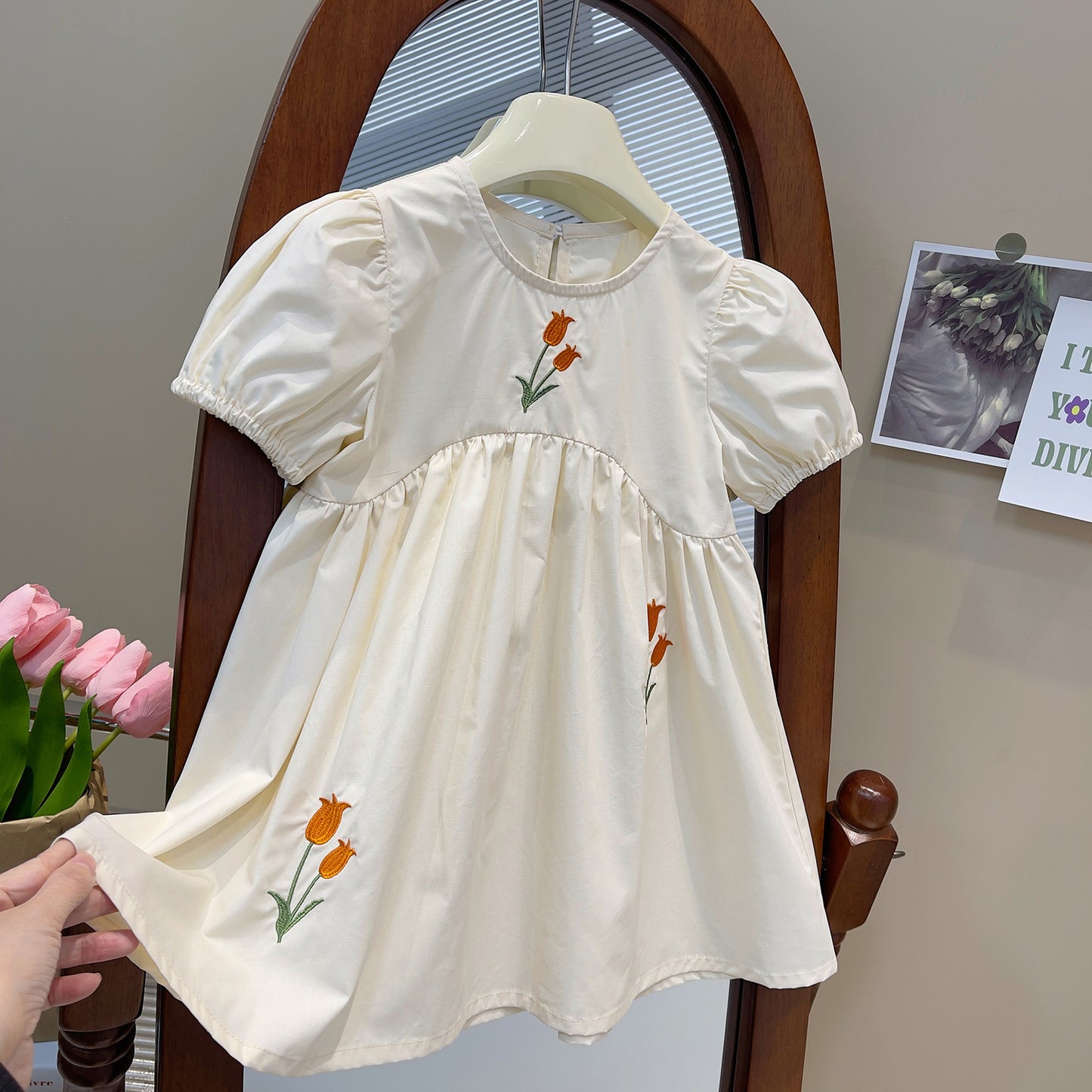 Tulip Embroidered Ivory Puff Sleeve Dress