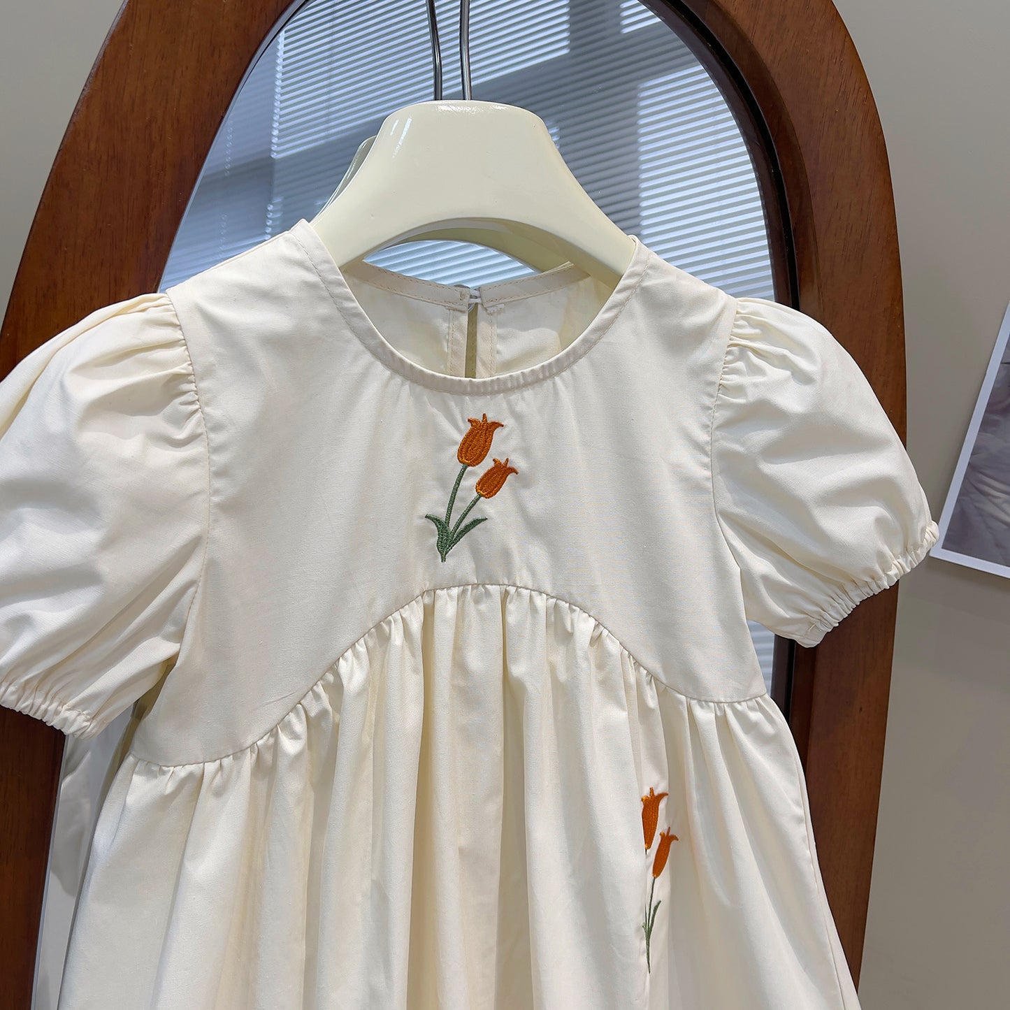 Tulip Embroidered Ivory Puff Sleeve Dress