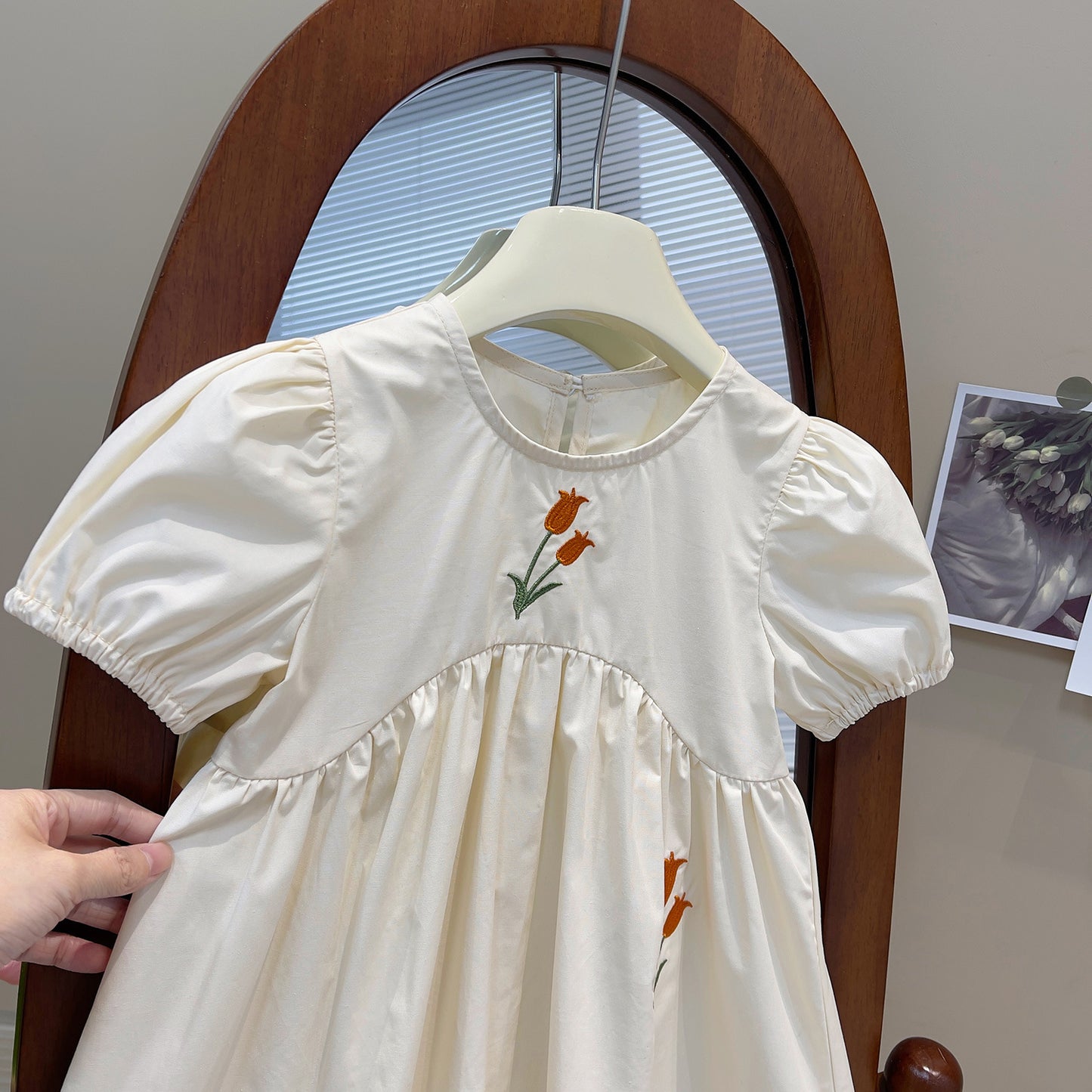 Tulip Embroidered Ivory Puff Sleeve Dress