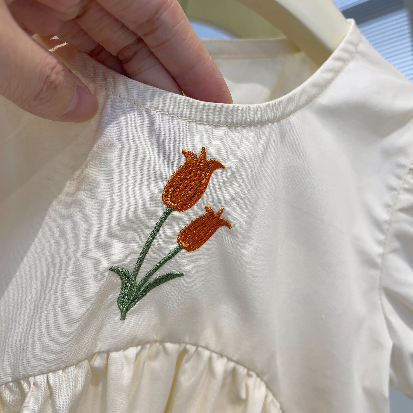 Tulip Embroidered Ivory Puff Sleeve Dress