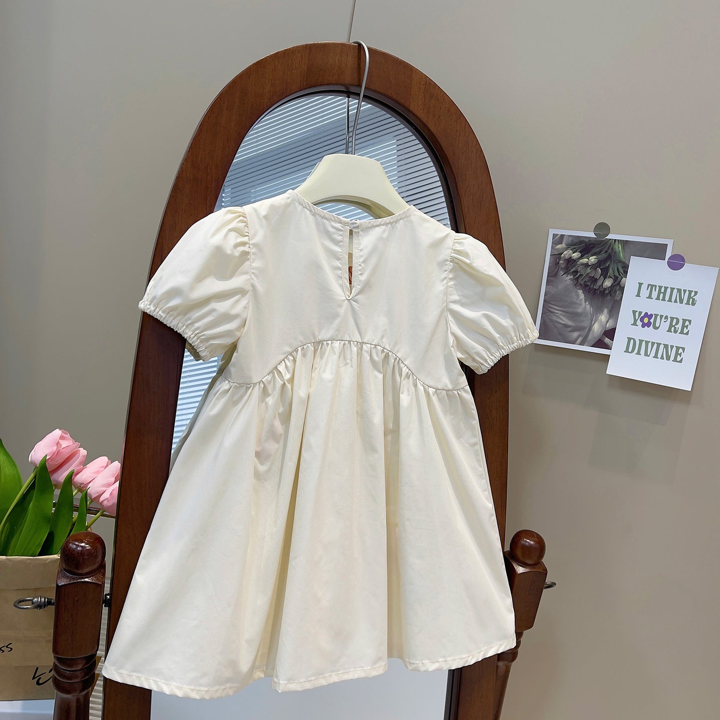 Tulip Embroidered Ivory Puff Sleeve Dress