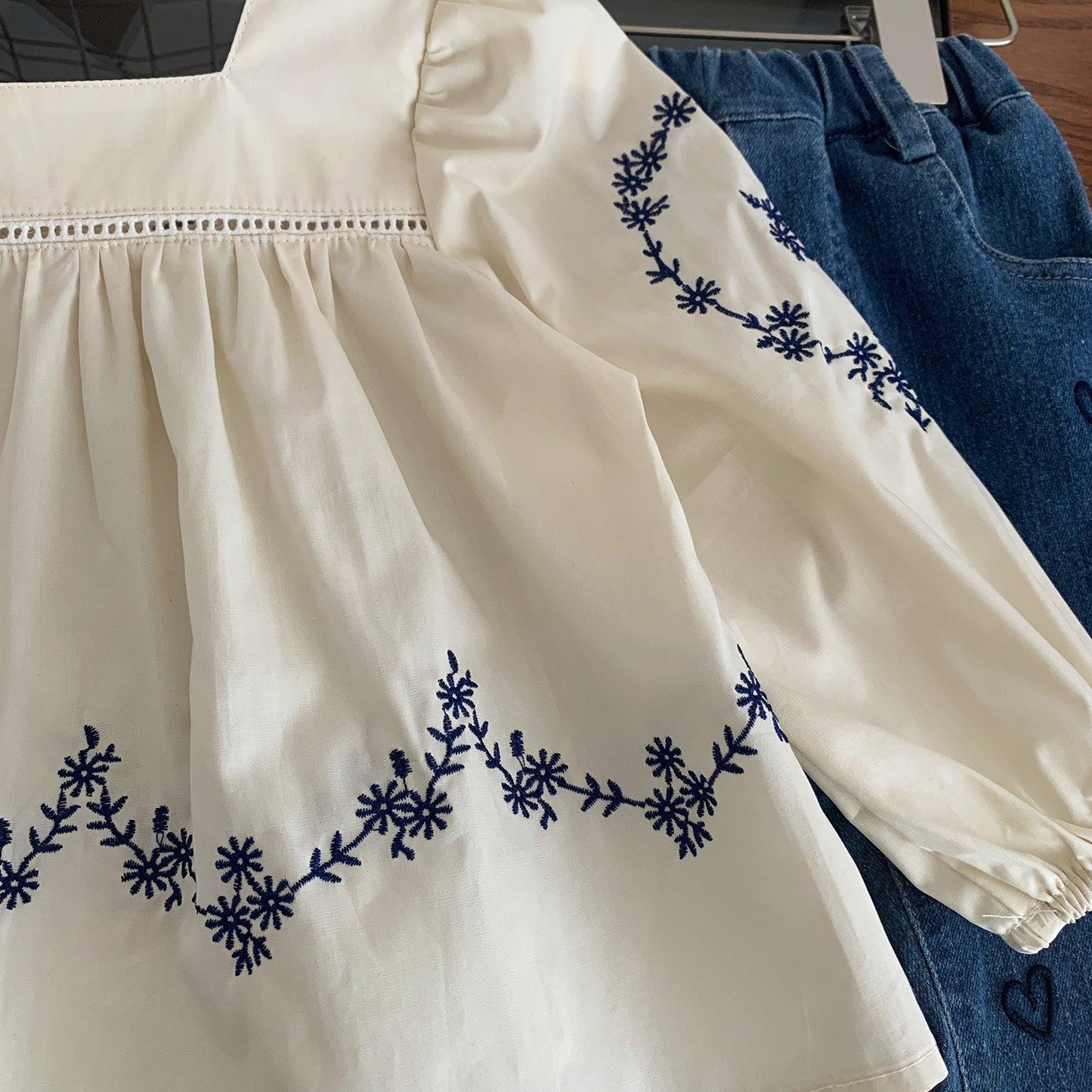 Navy Daisy Embroidered Long Sleeve Blouse
