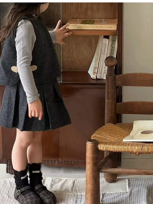 Classic Shirt & Knit Vest & Pleated Skirt Set