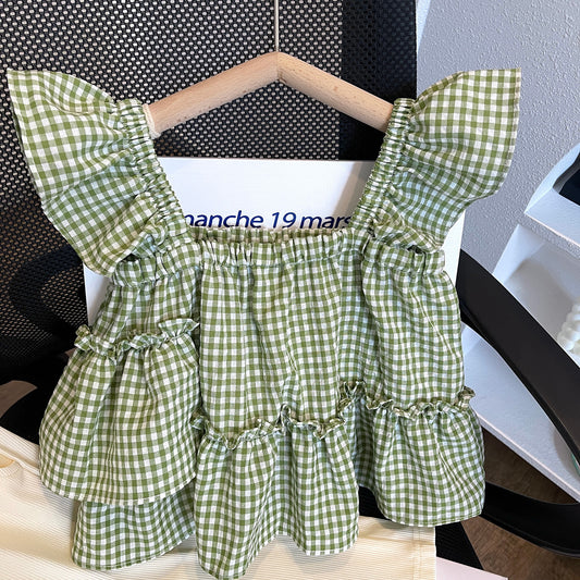 Green Gingham Ruffle Top & Cream Pants Set