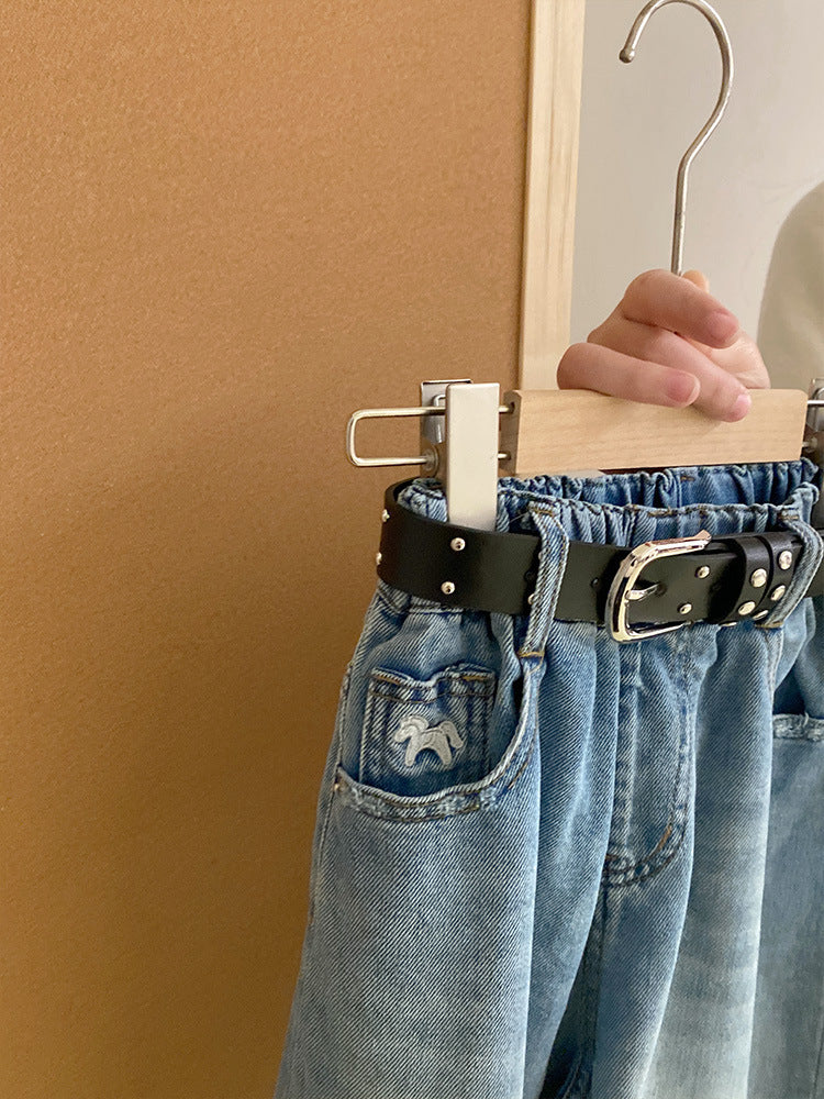 Girls Wide Leg Denim Pants with Belt