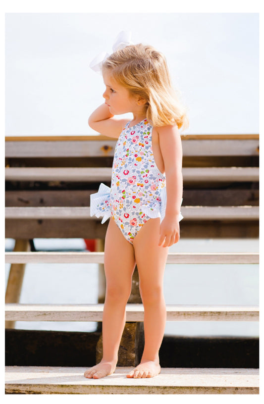 Vintage Floral Bow Swimsuit – Tie Shoulder One-Piece (Blue & Pink)