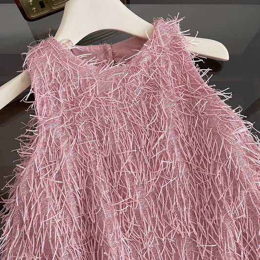 Pink Textured Fringe Halter Dress