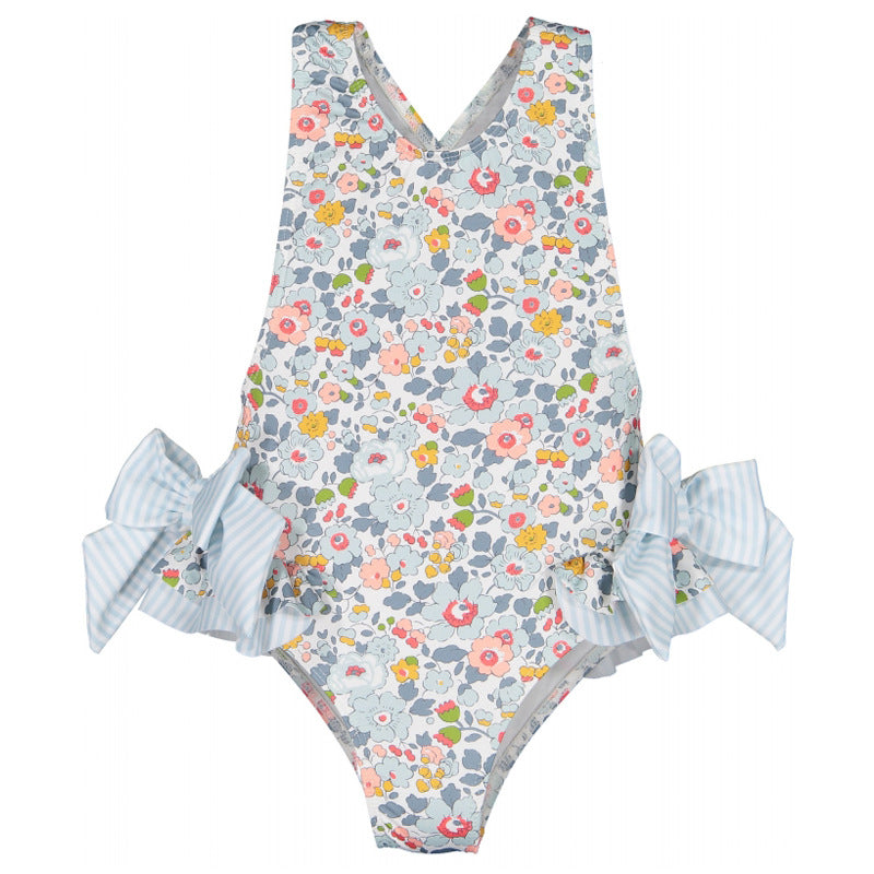 Vintage Floral Bow Swimsuit β Tie Shoulder One-Piece (Blue & Pink)