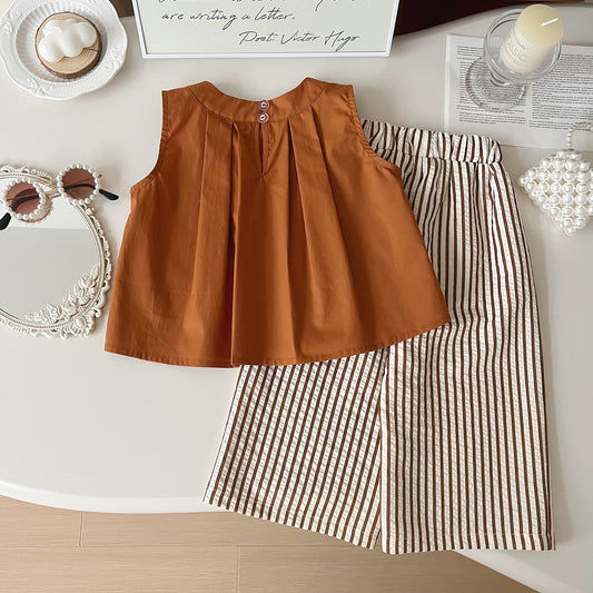 Rust Orange Pleated Top & Striped Wide-Leg Pants Set (with sunhat)